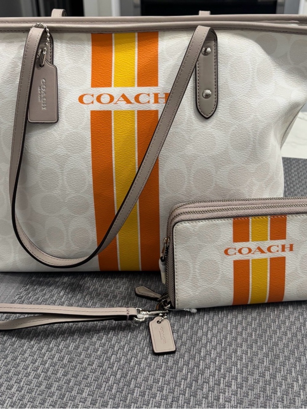 COACH White Tote with Orange & Yellow Racing Stripes
